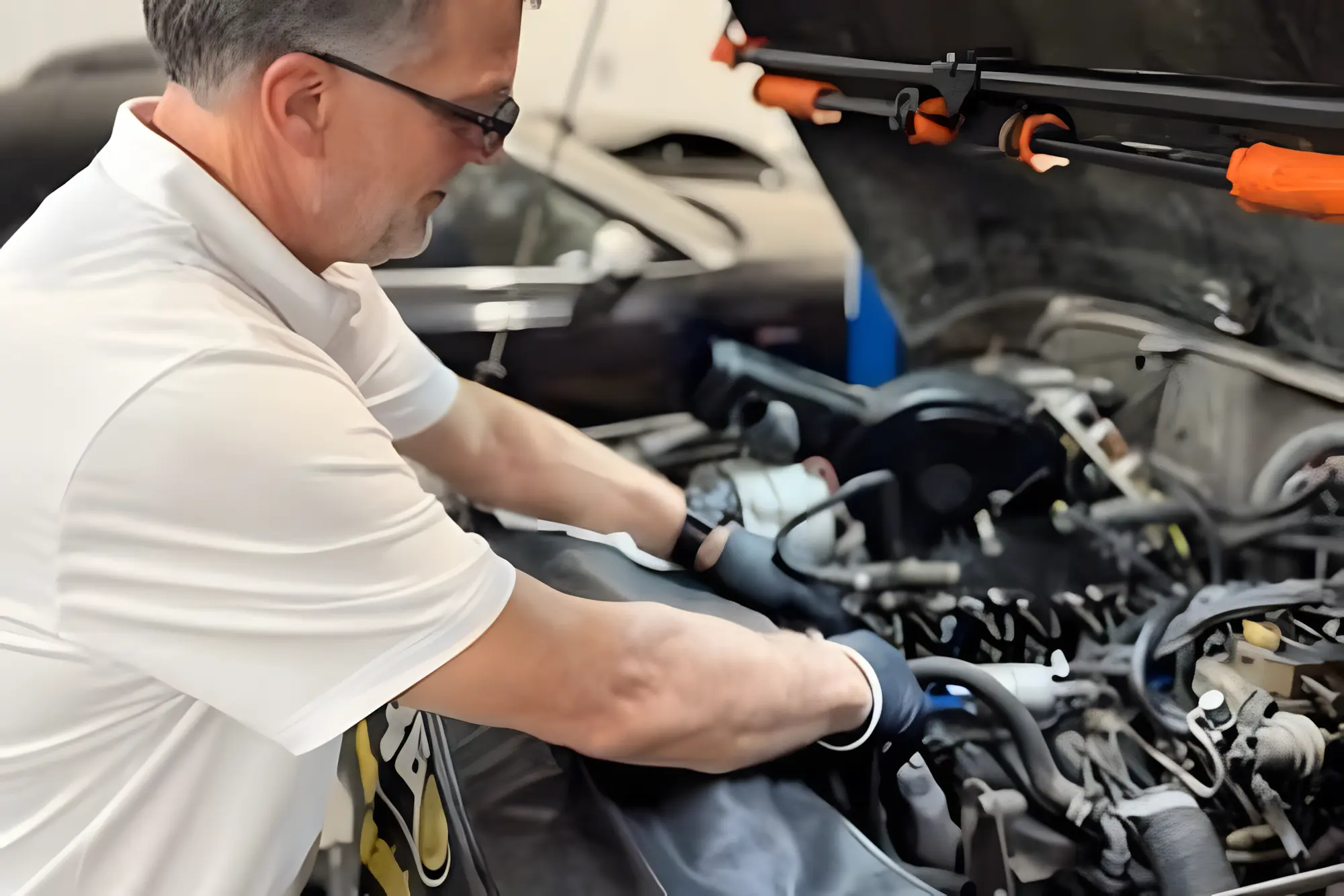 Expert Auto Diagnostics and Engine Repair in Des Moines, IA shown with a man wearing glasses and gloves works on the engine of a car in a garage, with the hood open and various engine parts visible.