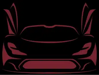 Stylized outline of a sports car viewed from the front, with its scissor doors open and bold lines emphasizing the headlights and wide grille, all in a dark maroon color on a black background.