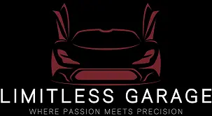 Stylized outline of a sports car with upward-opening doors above the text LIMITLESS GARAGE and slogan WHERE PASSION MEETS PRECISION on a black background.