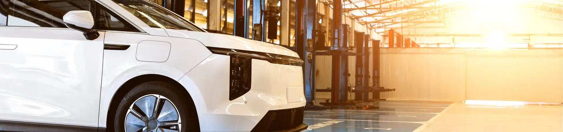 A white electric car is parked inside a sunlit, modern automotive workshop with empty vehicle lifts and a clean, spacious interior.