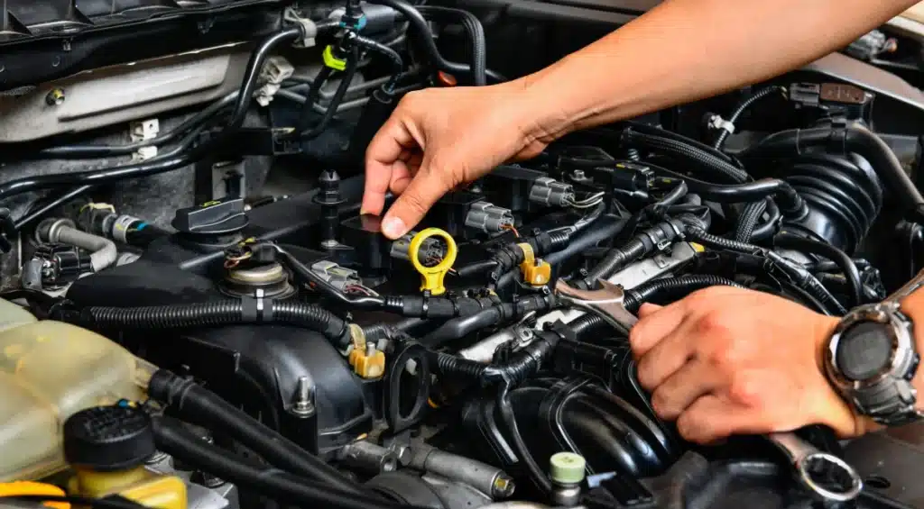 A person’s hands working on a car engine, holding a wrench and adjusting components under the hood, with various engine parts and wires visible.