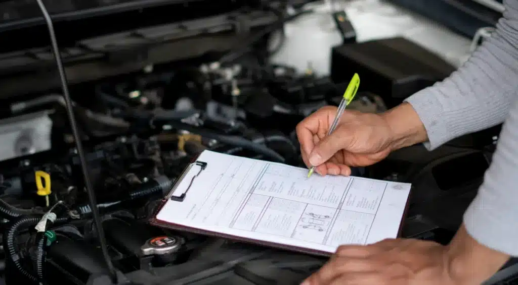 A person fills out a checklist on a clipboard while standing in front of an open car hood, inspecting the engine components.